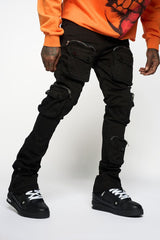 JOURNEY TO GREATNESS" CARGO FLARE STACK DENIM (JET BLACK)