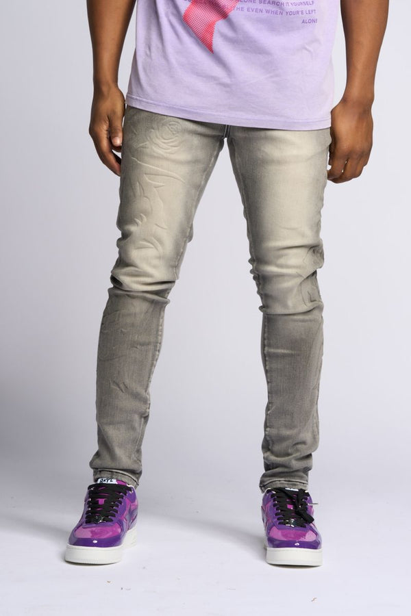 "LOVE IS PAIN" EMBOSSED SKINNY DENIM (CHARCOAL GREY/SAND)