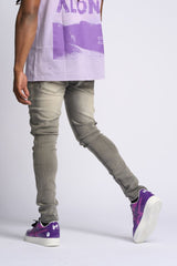 "LOVE IS PAIN" EMBOSSED SKINNY DENIM (CHARCOAL GREY/SAND)