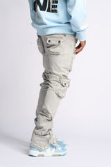 "JOURNEY TO GREATNESS" STACKED CARGO DENIM (COLD GREY)