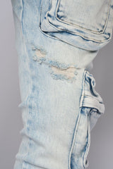 "JOURNEY TO GREATNESS" STACKED CARGO DENIM (LIGHT BLUE)