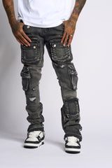 "JOURNEY TO GREATNESS" STACKED CARGO DENIM (BLACK)