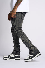 "JOURNEY TO GREATNESS" STACKED CARGO DENIM (BLACK)